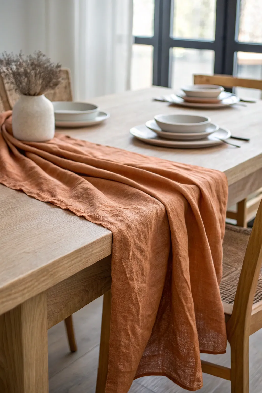 Terracotta gauze runner layered over linen for a minimalist-boho wedding table glow.