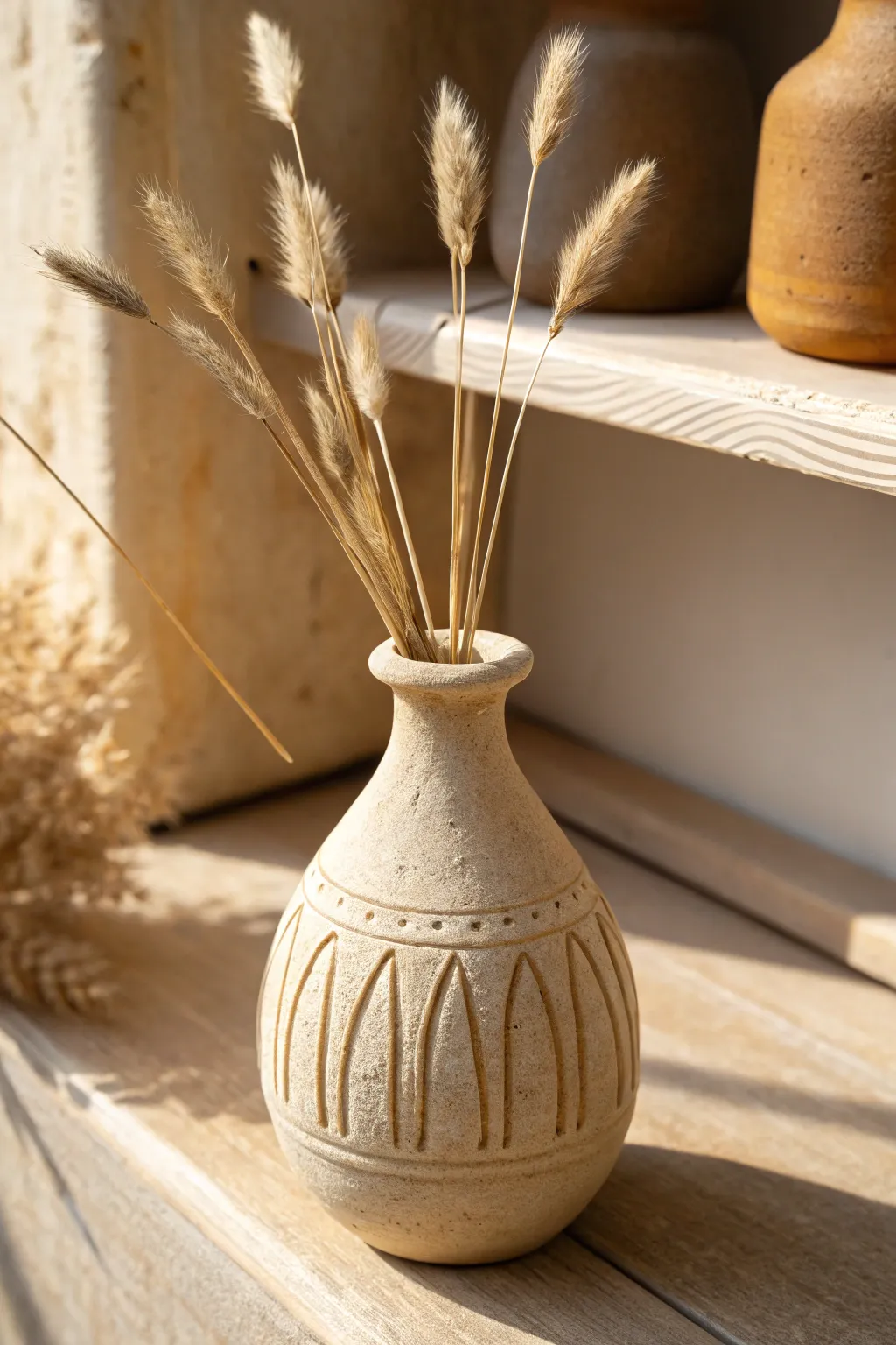 Minimal carved clay bud vase with dried stems, warm earthy tones and clean Scandinavian styling