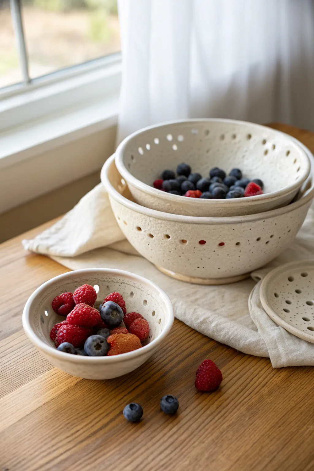 Wheel-thrown berry bowl with drain holes and catch bowl, styled simply with fresh berries.