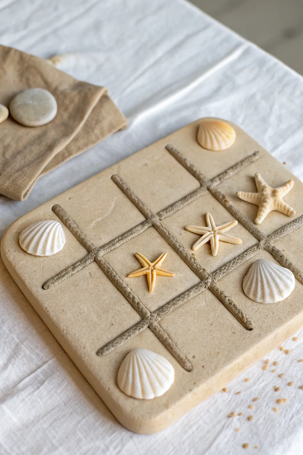 Beachy clay tic tac toe board with sand texture and shell tokens in calm minimalist style