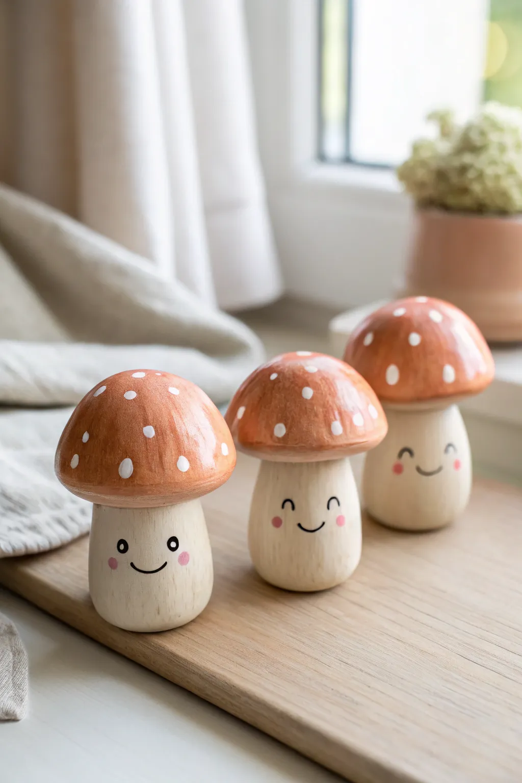 Tiny mushroom buddy figurines: a rosy-cheeked clay trio with minimalist Scandinavian charm.