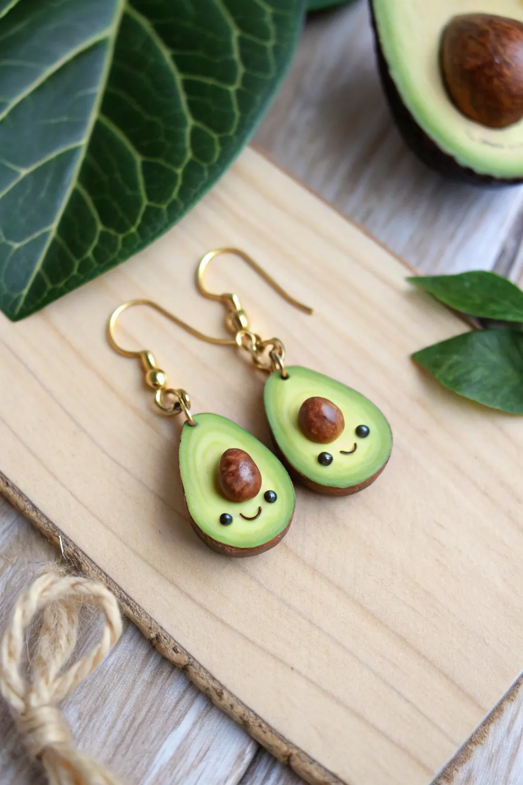 Tiny avocado half charms with sweet faces, minimalist boho style and handmade polymer clay texture.