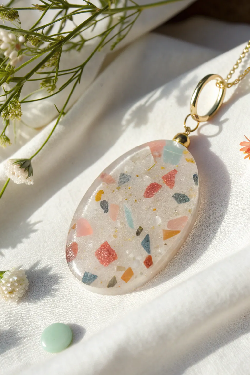 Crystal-clear pendant with terrazzo confetti flecks floating inside for a light, modern look