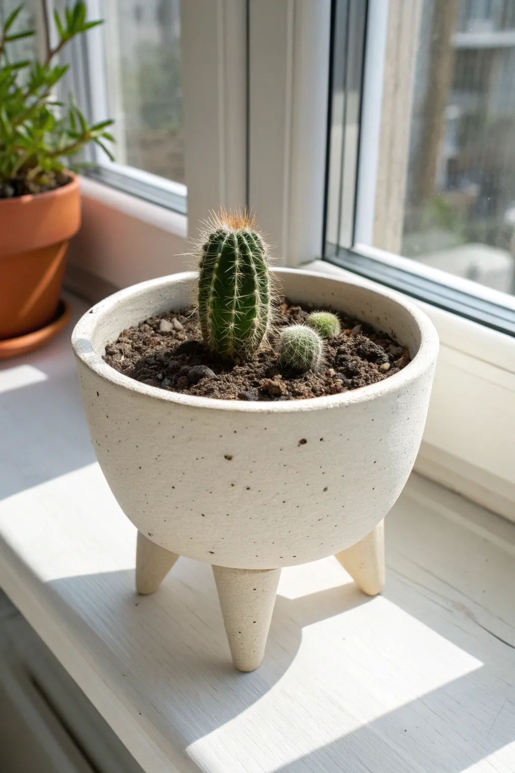 Rounded tripod planter with bold feet on a sunny sill, simple succulent for calm minimal style.