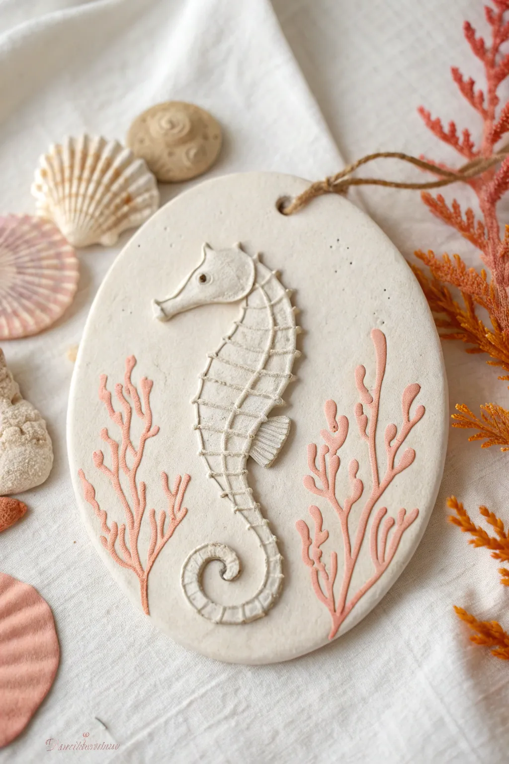 Stamped seahorse plaque with soft coral accents, a simple under the sea clay idea for beginners.