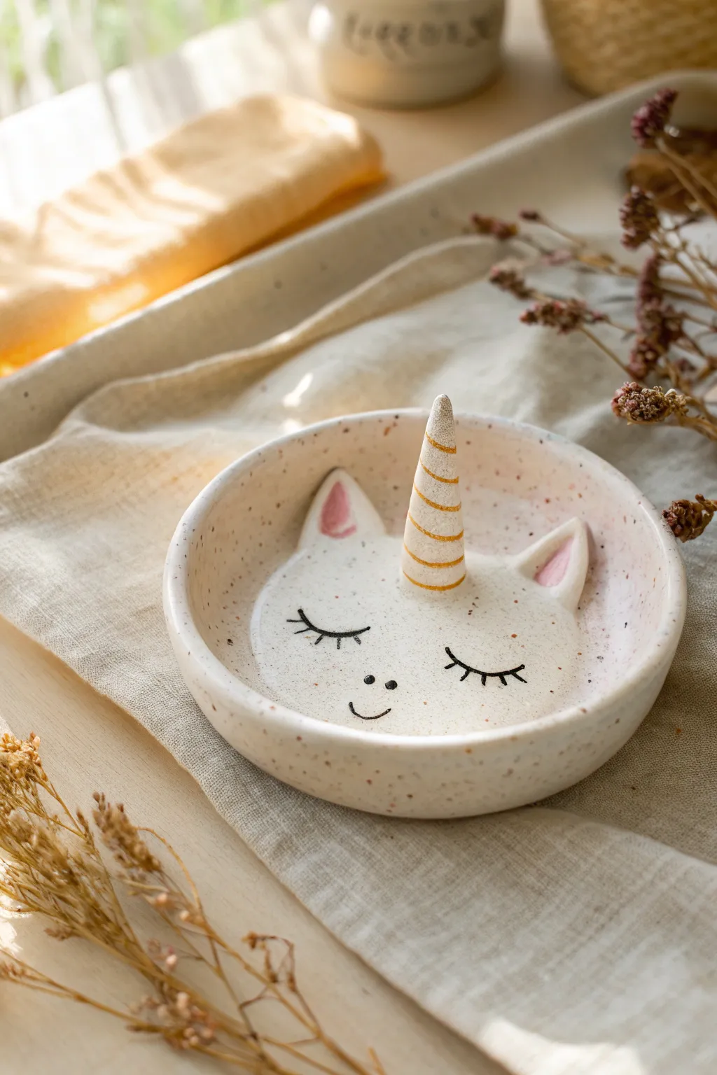 Minimal unicorn ring dish with speckled glaze and raised horn, perfect for storing rings