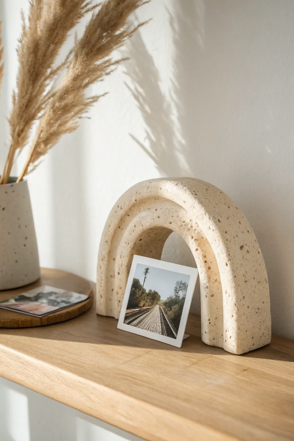 Modern clay photo holder with clean arches and warm tones, perfect for minimalist desks.