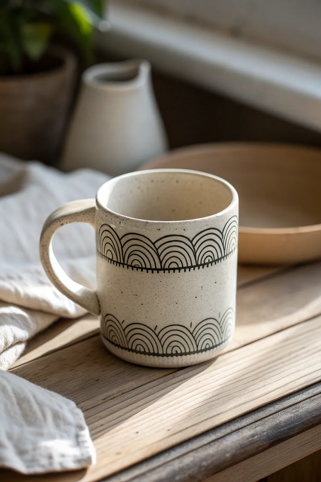 Mishima-inlay clay mug with crisp patterned lines and calm neutral styling for unique mug ideas