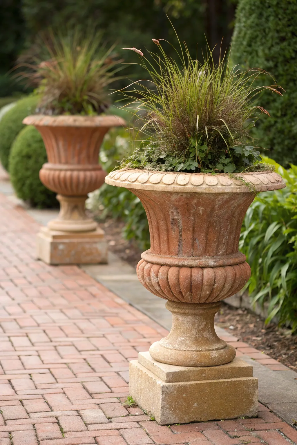 Pedestal urn planter as a garden path checkpoint, Scandinavian minimal with a hint of boho.