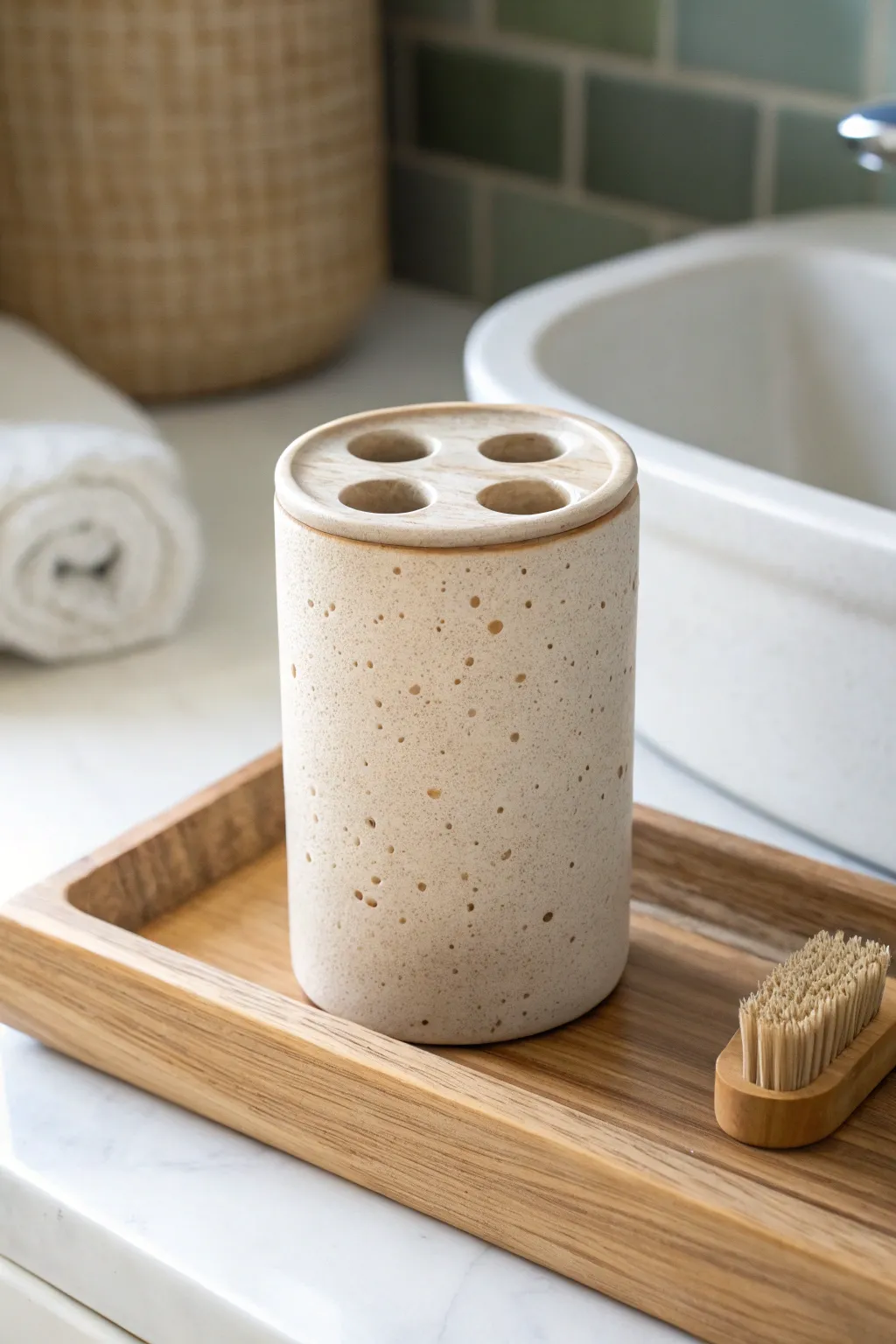 Minimal handmade clay toothbrush holder with three holes, bringing calm order to a tidy sink