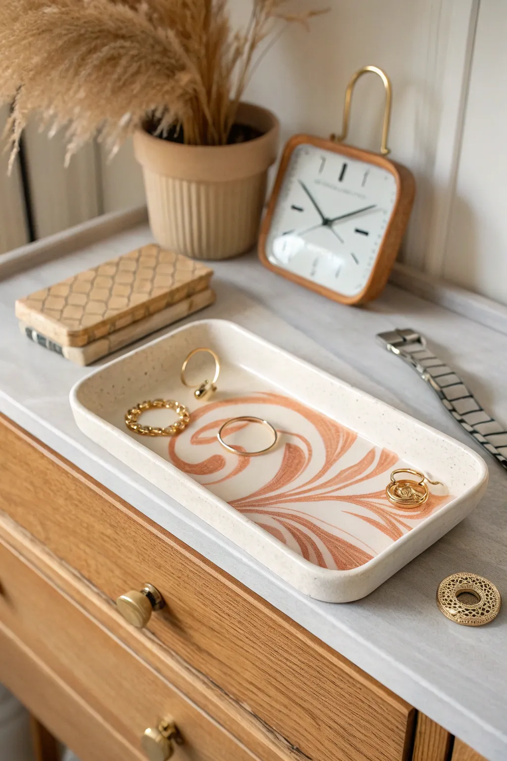 Minimal polymer clay catch all tray to corral coins, watch, and earrings in style