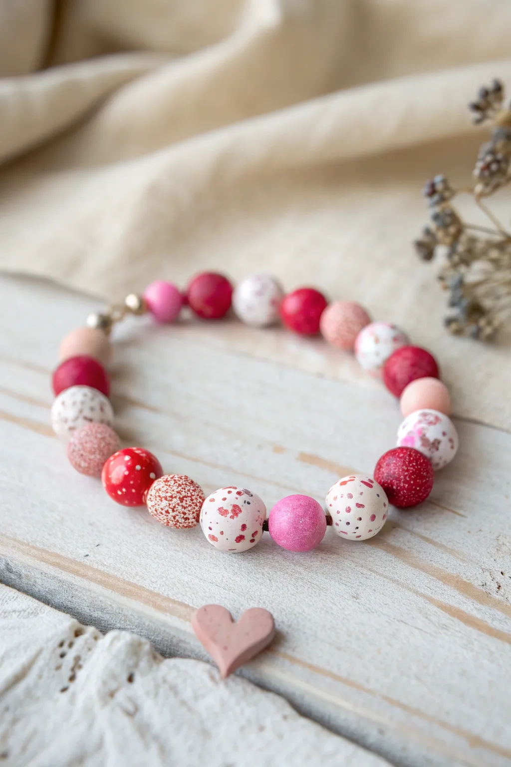 Valentine Confetti Mix bracelet: playful clay beads and one tiny heart for a sweet surprise.