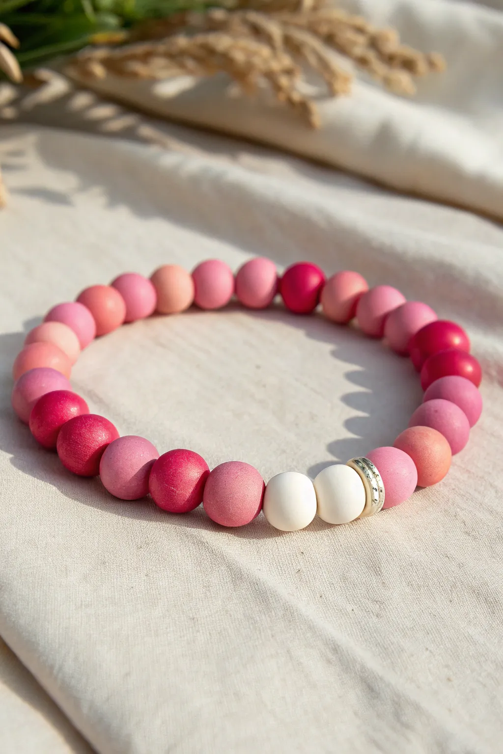 Ombre pink clay bracelet with a sweet white center, perfect for minimalist Valentines vibes.