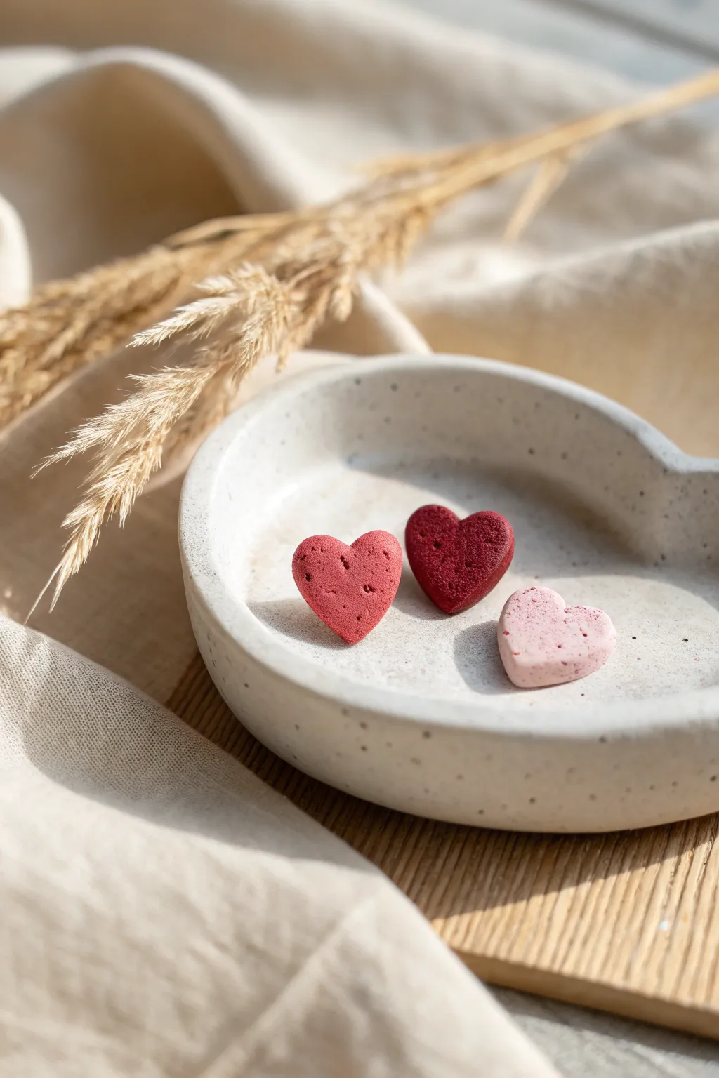 Simple air dry clay heart stud earrings in red and blush, styled minimal and gift ready.