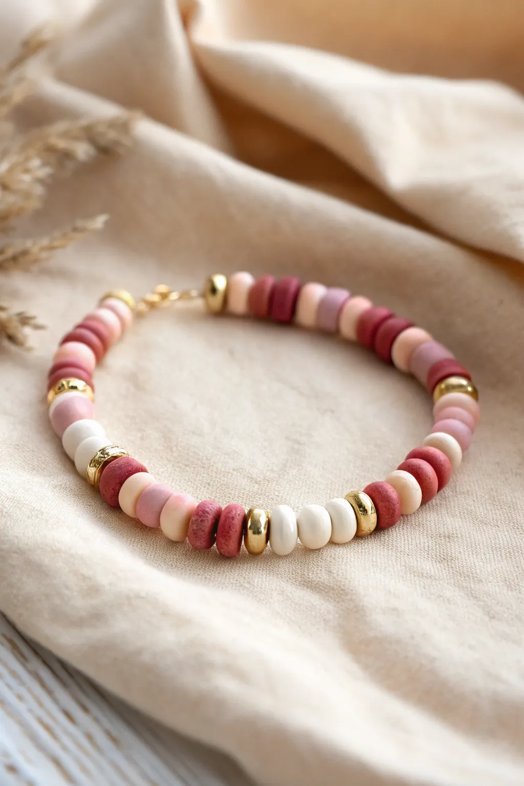 Blush and cream clay discs with tiny gold spacers for an easy, glowing Valentine look.