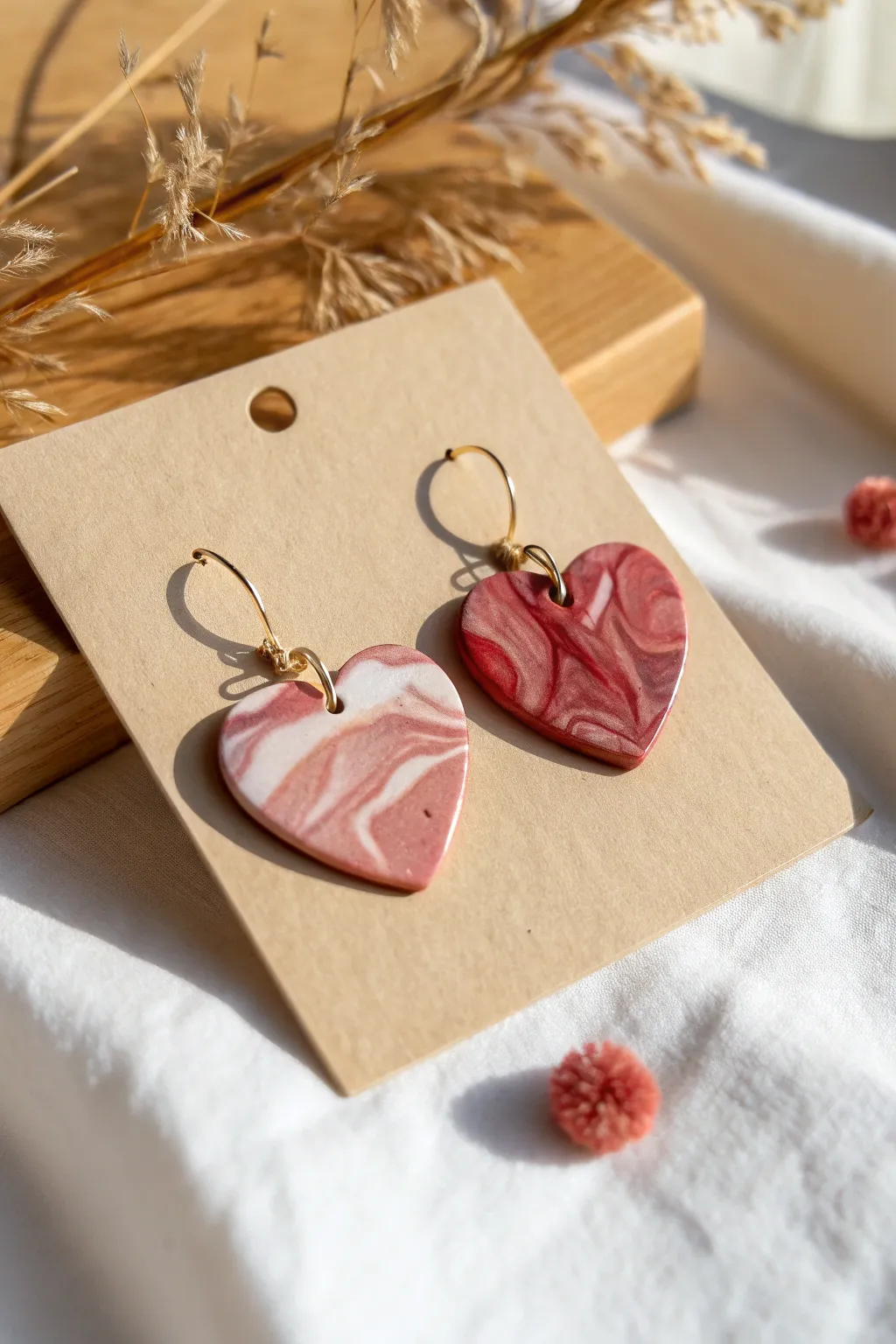 Marbled pink and red heart hoop earrings in polymer clay, minimal Scandinavian look with soft shadows.