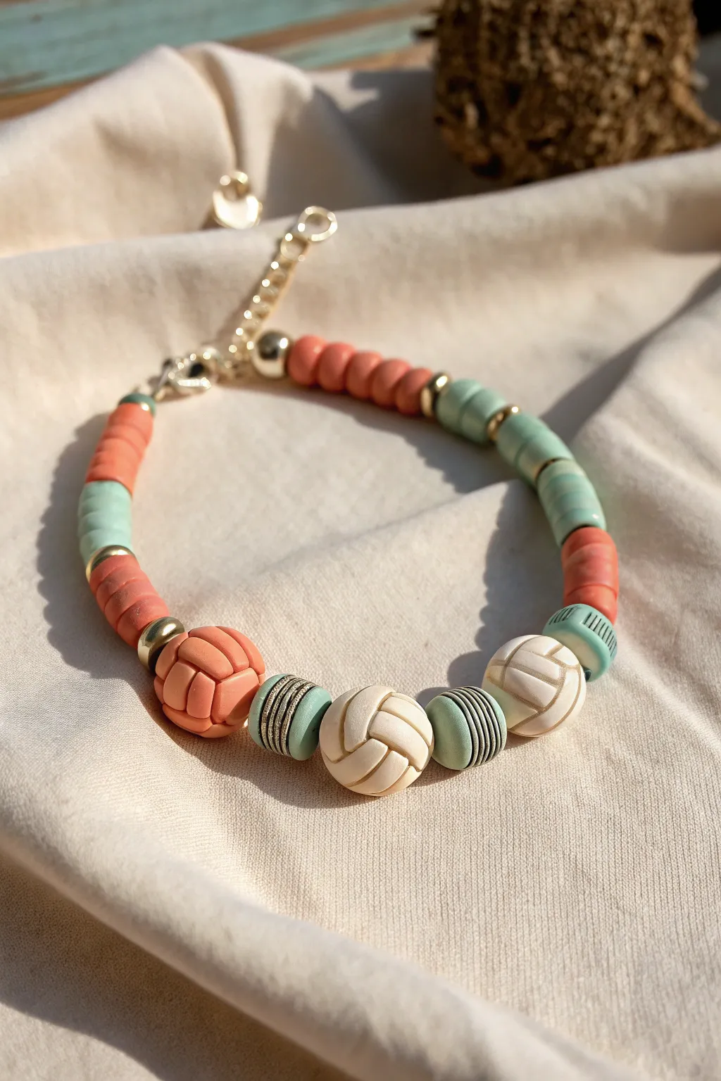 Bold color-block clay heishi bracelet with a volleyball bead, minimalist boho charm.