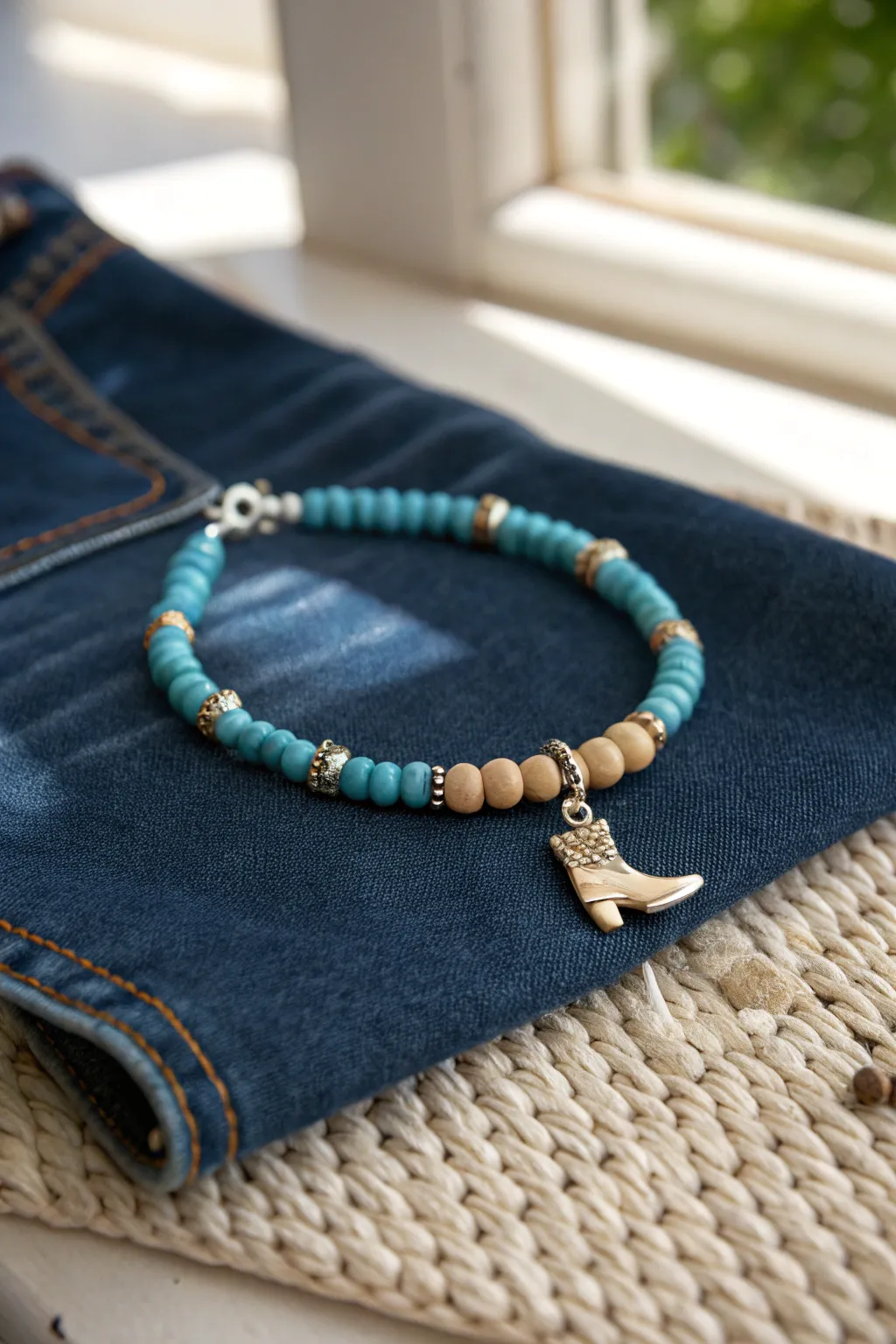 Turquoise and tan heishi bracelet with a cowboy boot charm, styled on denim for Western calm.