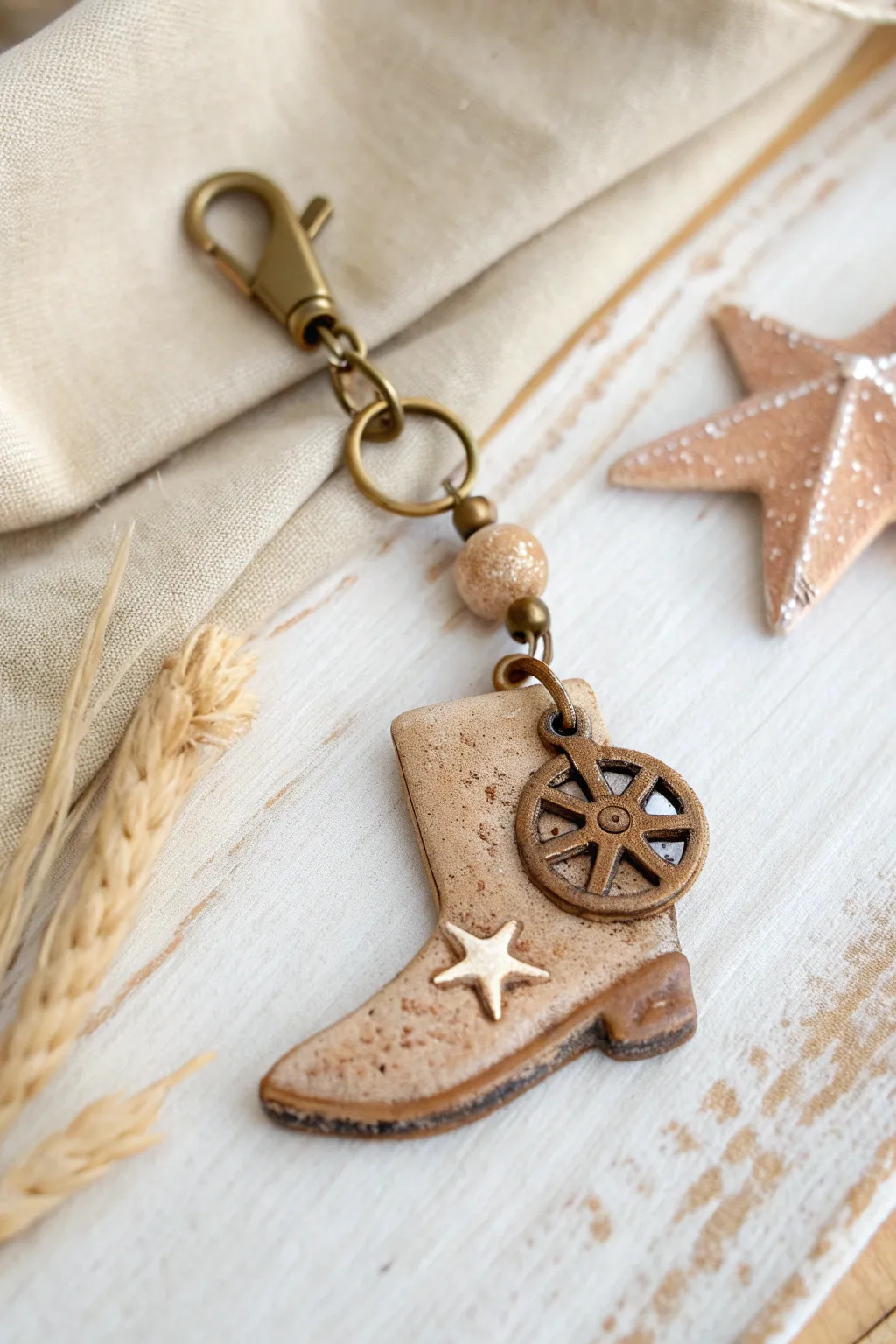 Mini clay spur charm for a western touch—simple, chunky, and ready for your keys or bag.