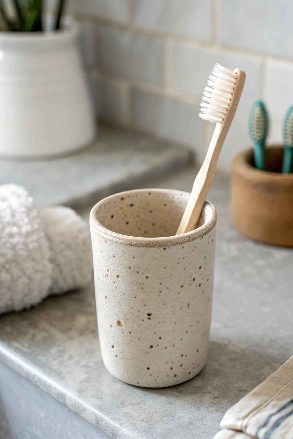 Minimal handmade clay cup for toothbrushes or makeup brushes, clean Scandinavian bathroom style.