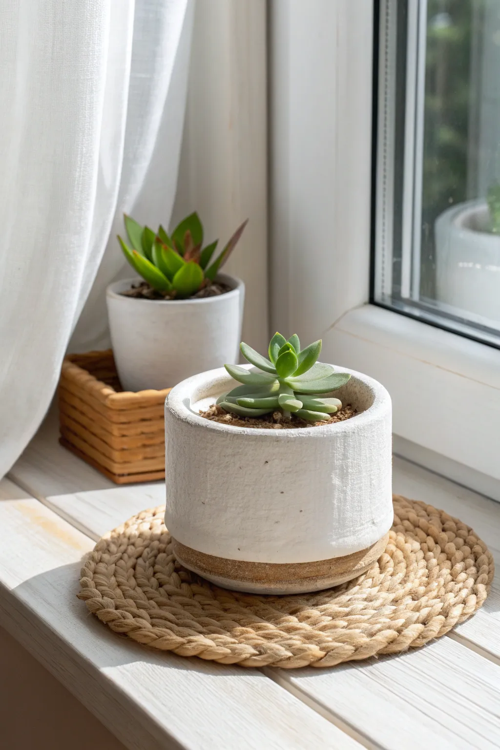 Matte white mini planter with tiny succulent on a sunny windowsill, minimalist and cozy.