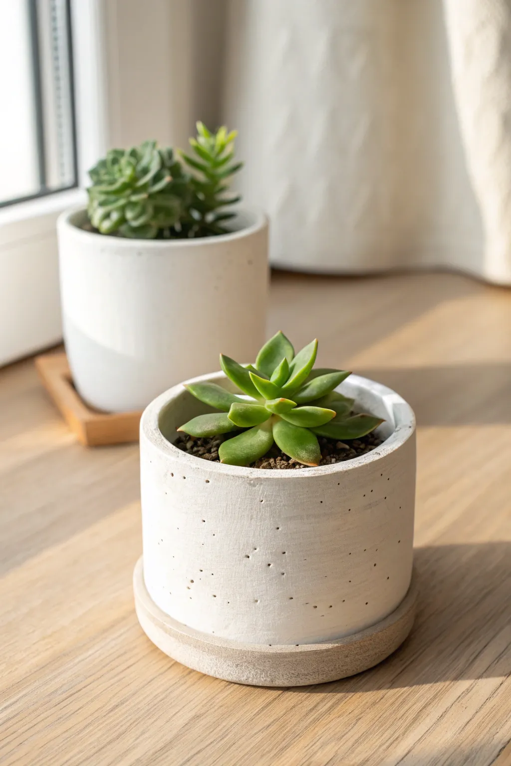 Minimal white clay mini planter with a tiny succulent, styled simply on light wood