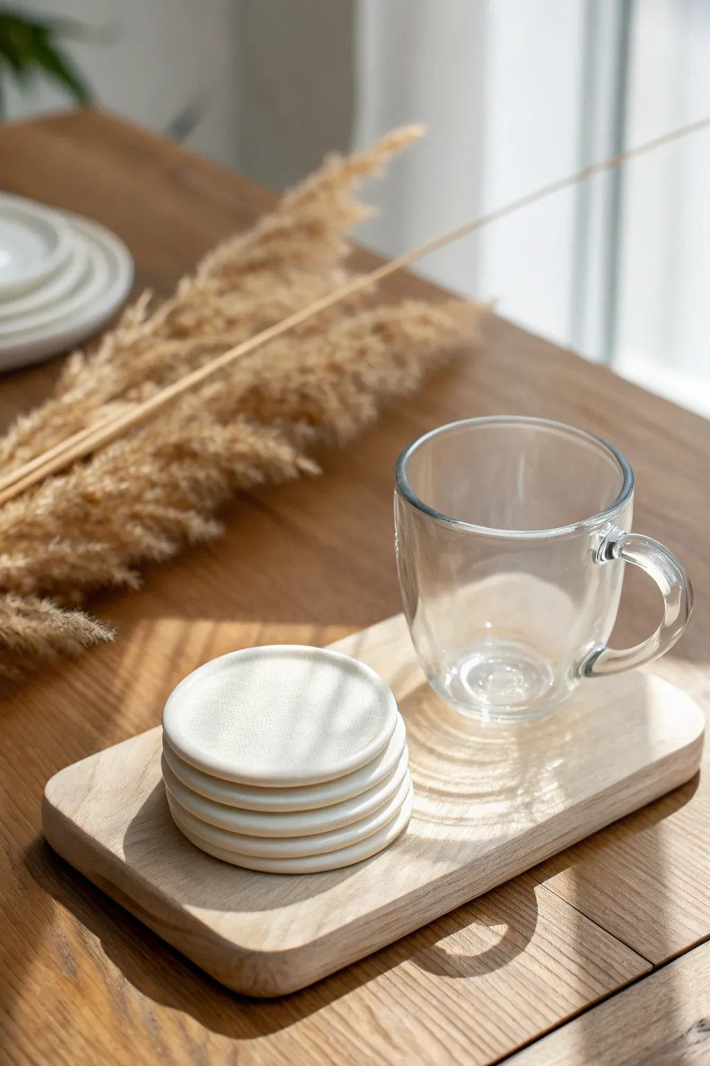 Soft-edge white clay coasters styled in a calm Scandinavian coffee table scene