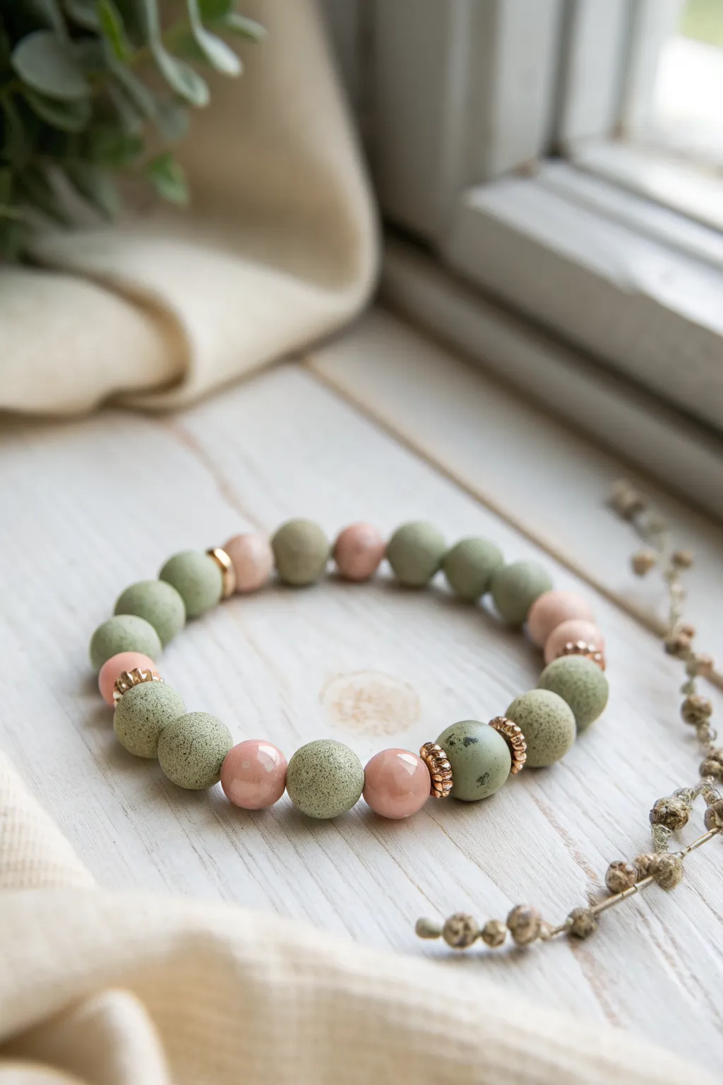 Matte green meets subtle pink sparkle in a minimalist clay bead bracelet with boho charm.