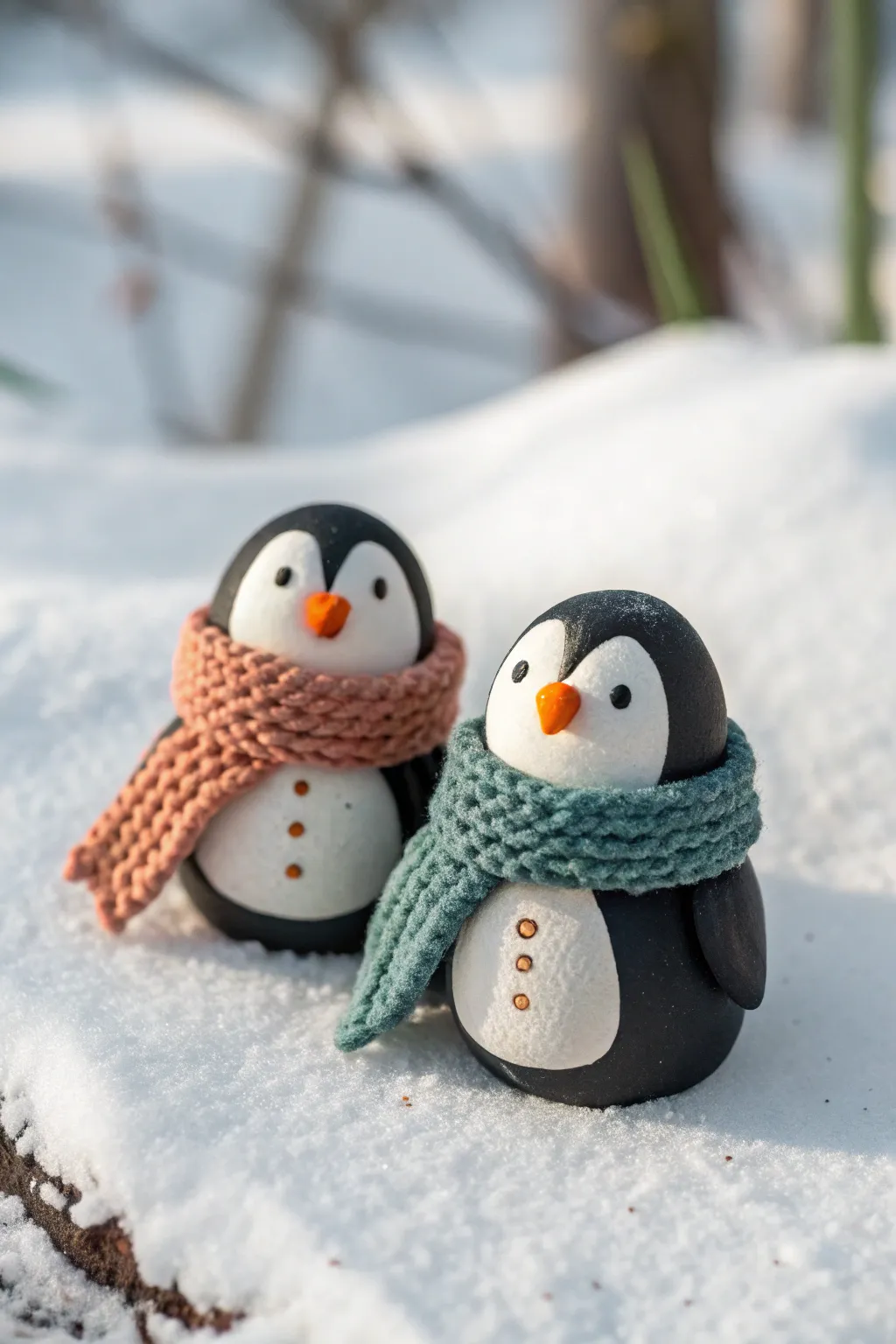Cozy winter clay penguins with bright scarves, styled on faux snow in a minimalist Nordic look