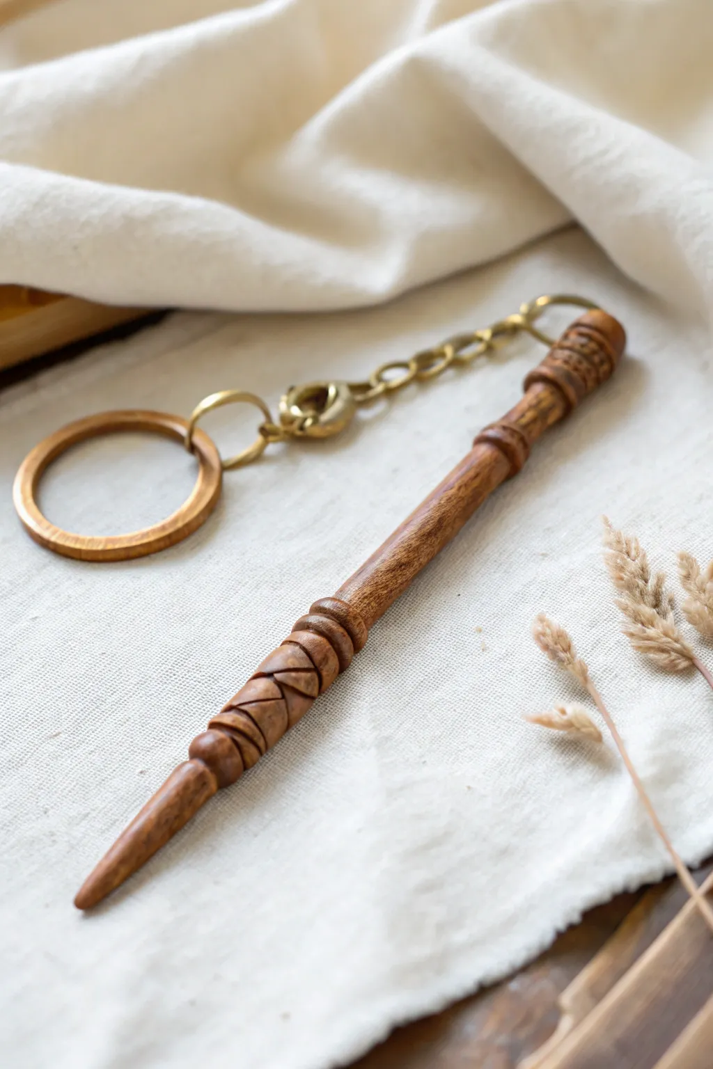 Wood-grain clay mini wand zipper pull with a cozy boho touch, perfect for wizard-school DIYs.