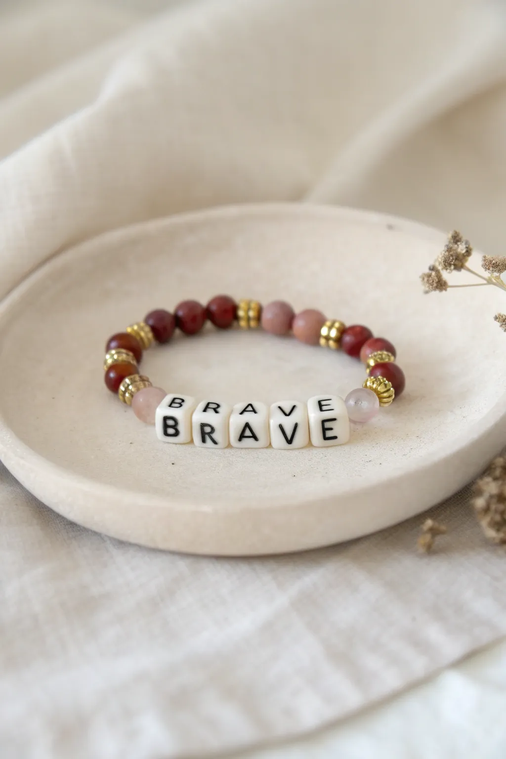 House trait bracelet with handmade clay beads and letter cubes in bold, minimalist wizarding style