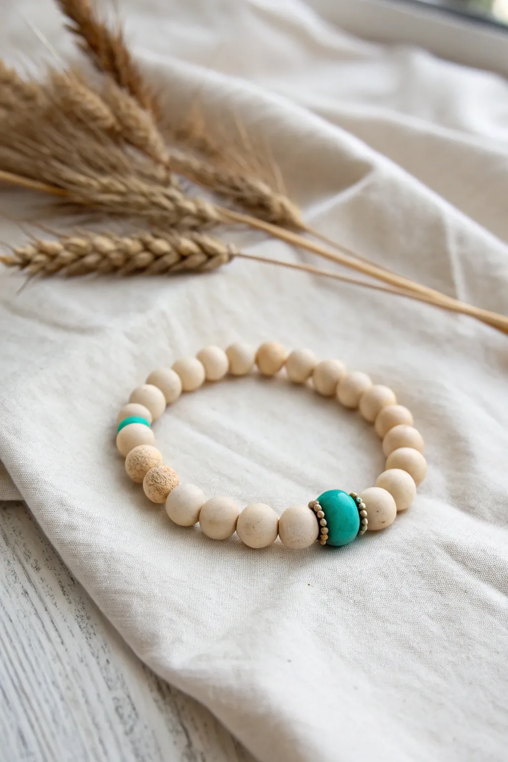 Neutral clay bead bracelet with one bold teal accent for a clean, modern pop of color