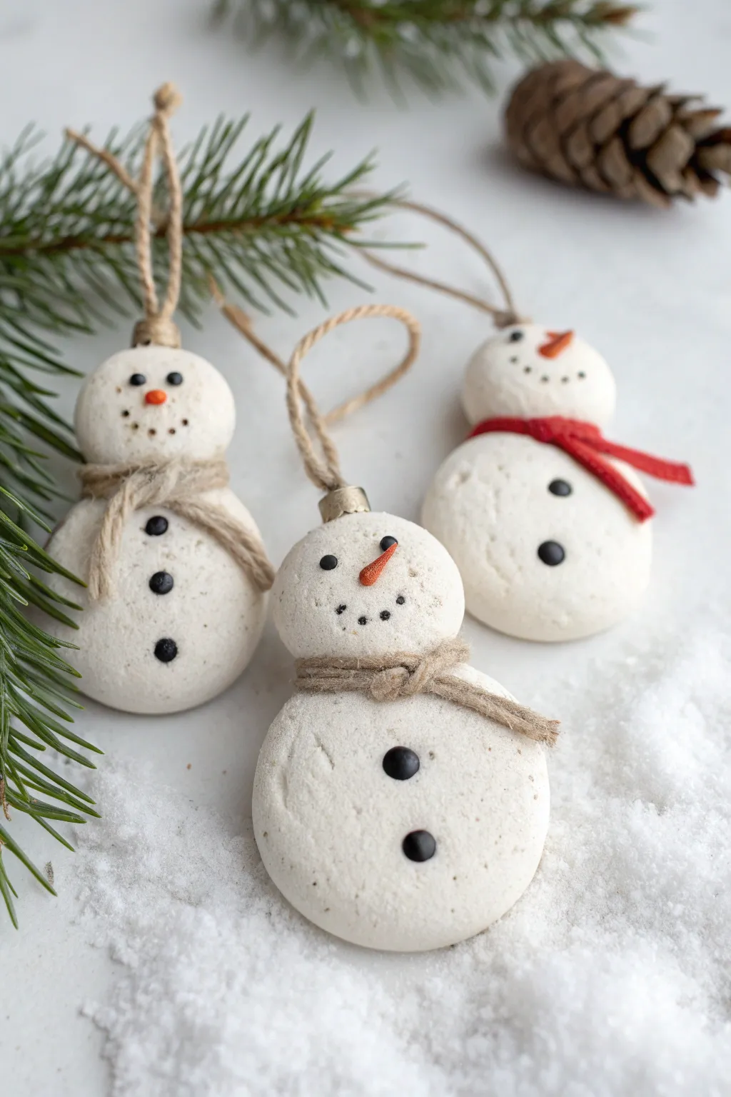 Minimalist air-dry clay snowman ornaments with button bellies and tiny scarves, styled in faux snow.