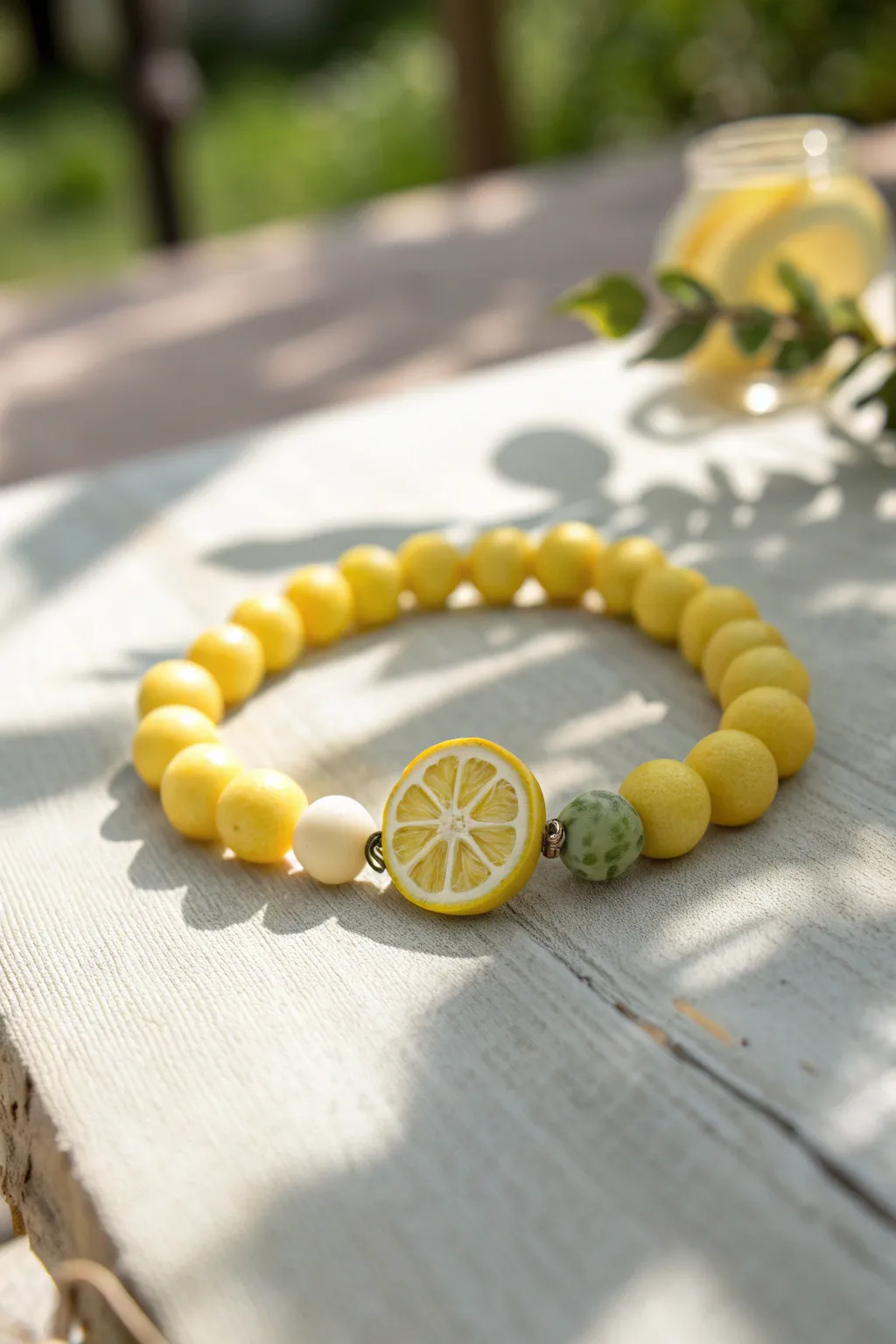 Lemon-inspired yellow clay bead bracelet with a sweet citrus centerpiece and airy greenery bokeh