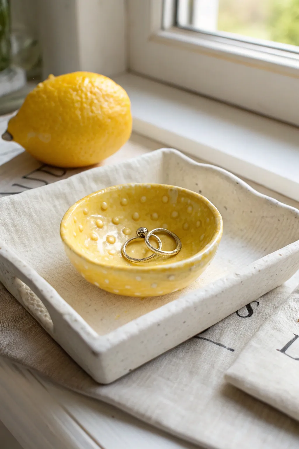 Whole lemon trinket bowl in sunny yellow clay, a sweet minimalist spot for your rings.