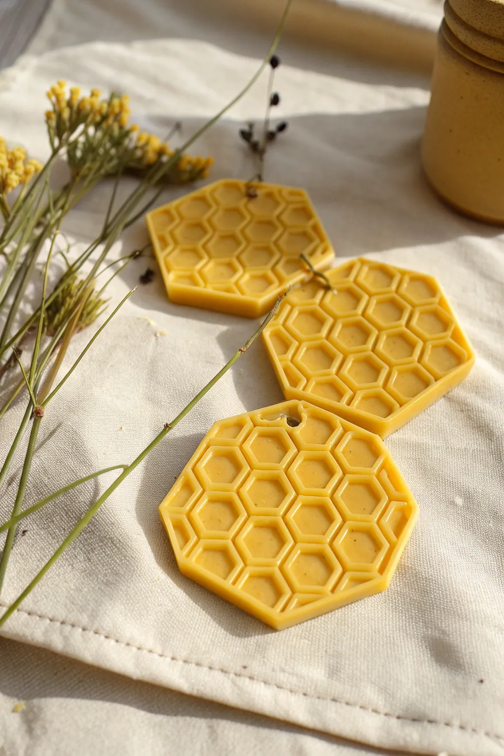 Sunny yellow honeycomb hexagon pendants with soft texture, styled minimal on linen.