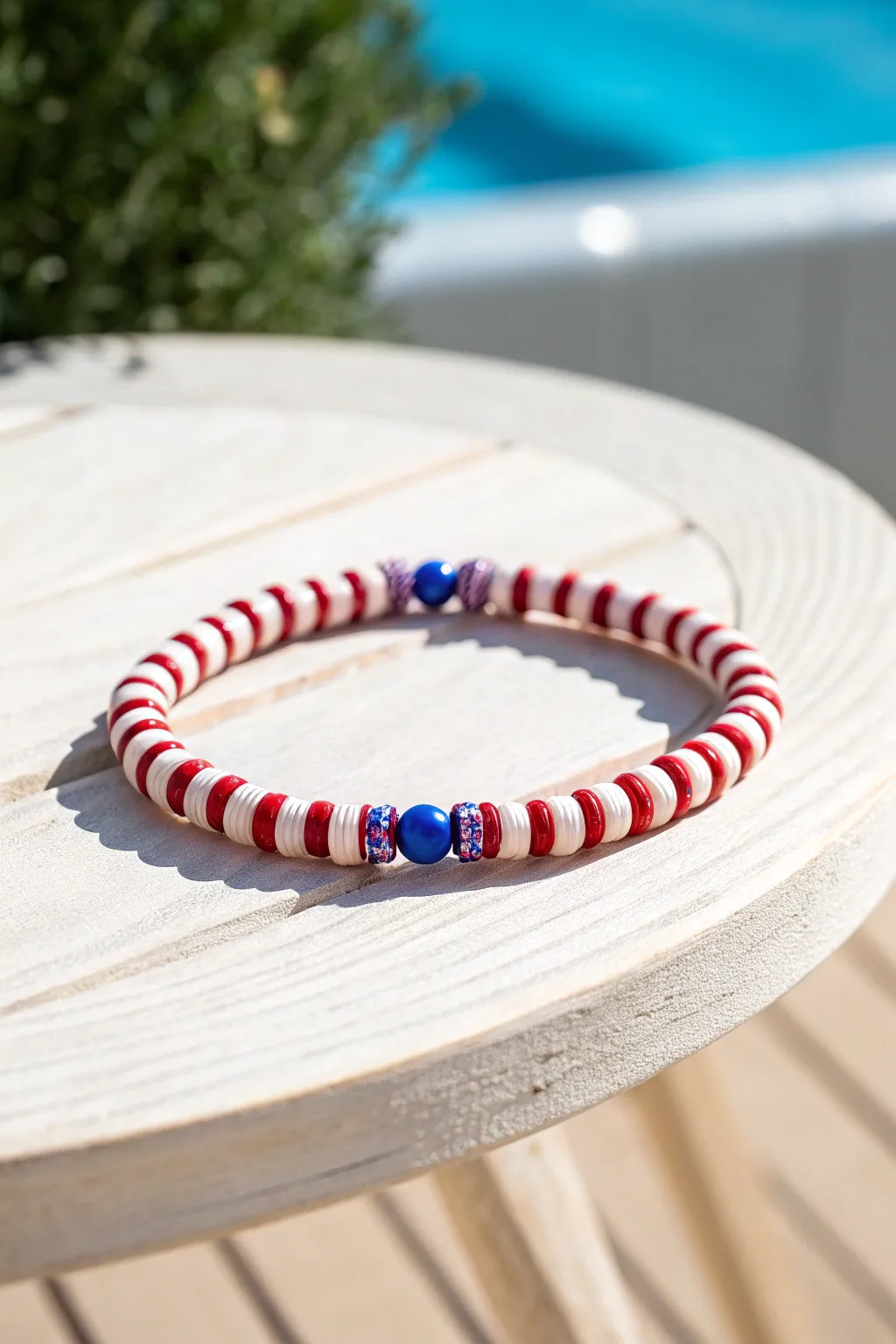 Red and white candy stripe clay bead bracelet with spaced blue accents, sunlit patio minimalism.