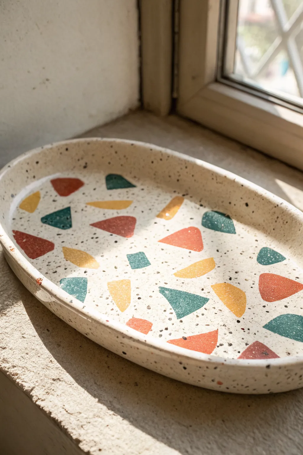 Terrazzo-inspired clay tray with bold chips on a creamy base, minimalist and boho calm.