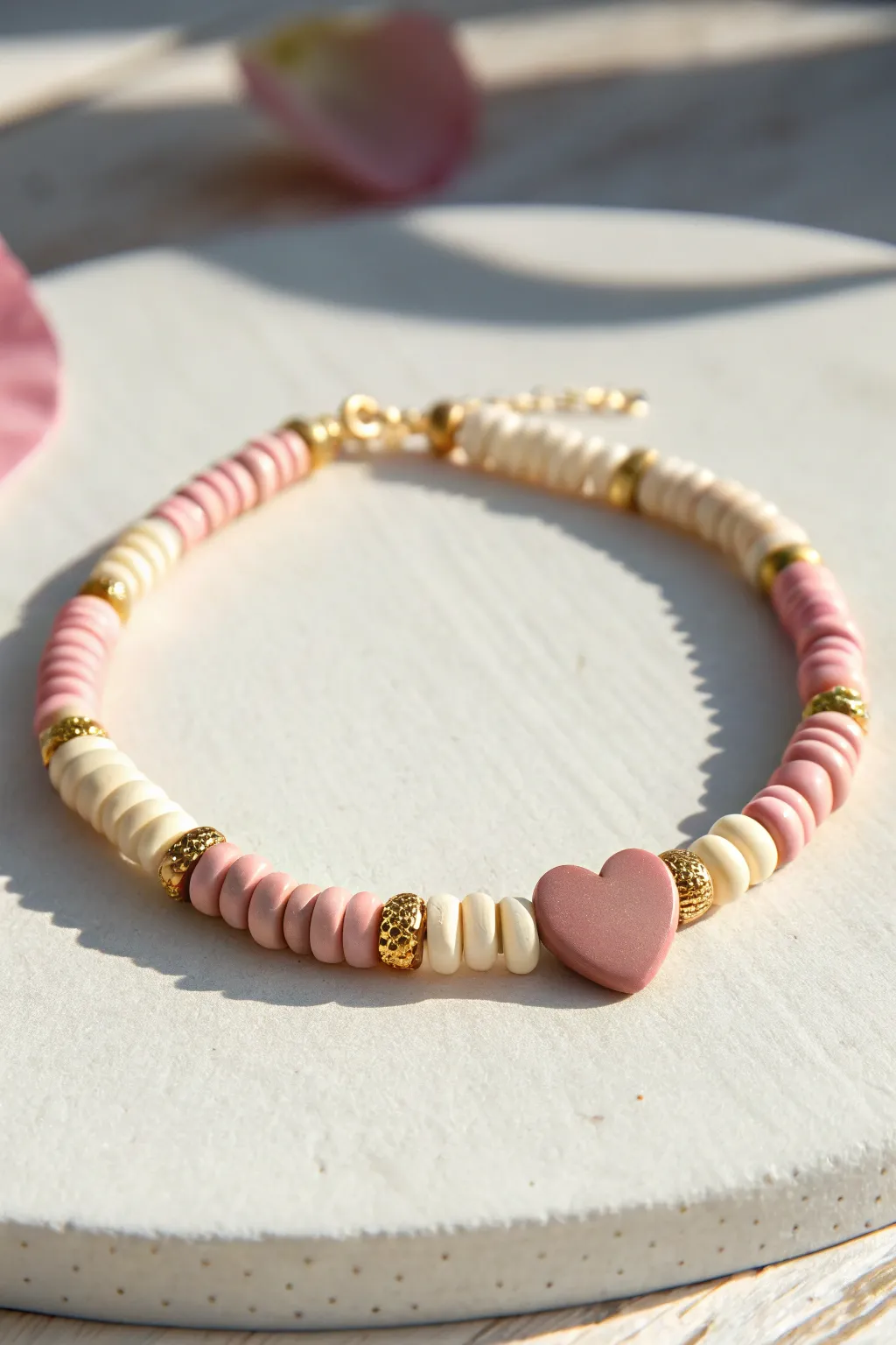 Soft pink heishi bead bracelet with a bold heart centerpiece and gold spacers on blush backdrop.