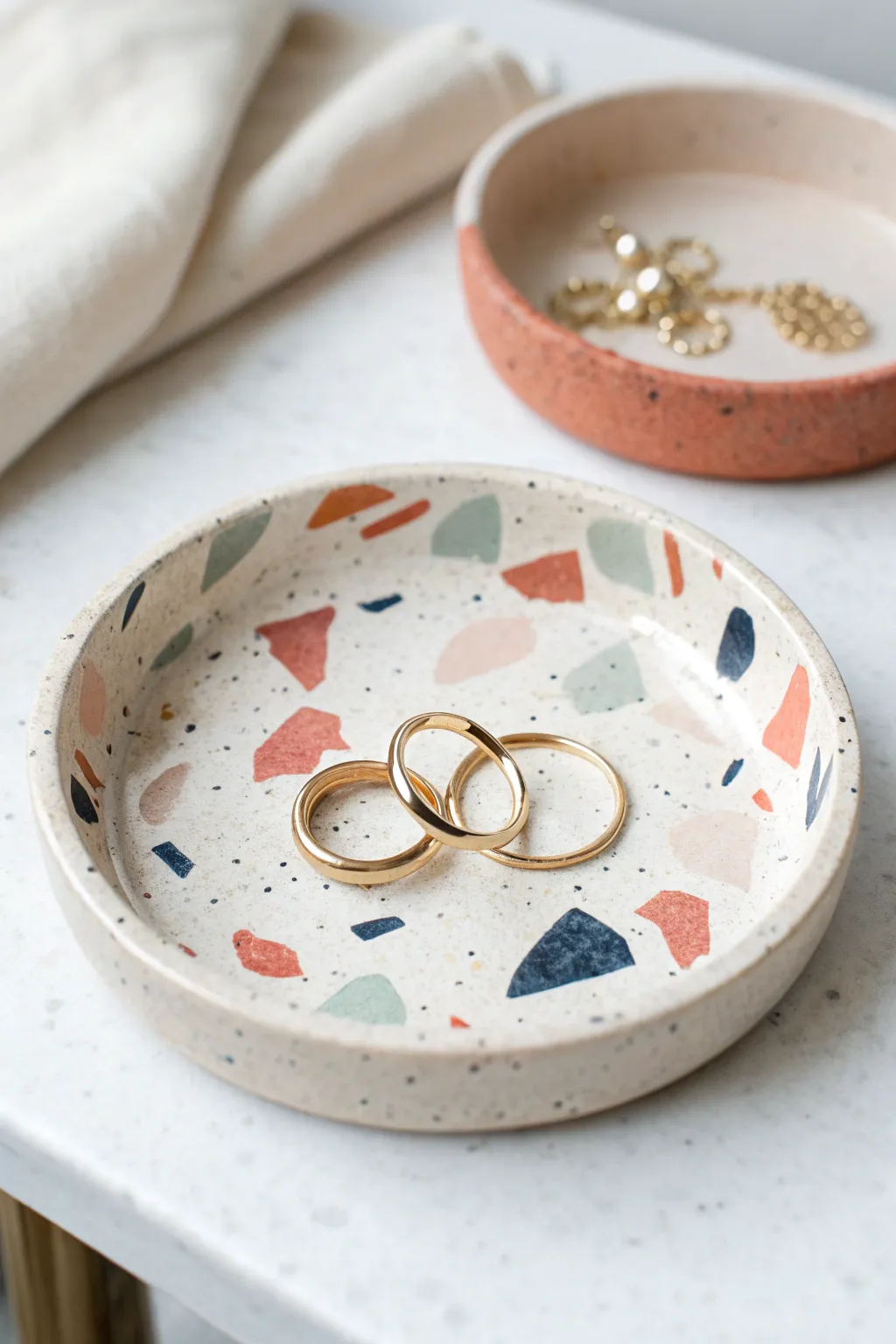 Terrazzo speckle trinket dish in soft boho tones, perfect for rings and everyday treasures.