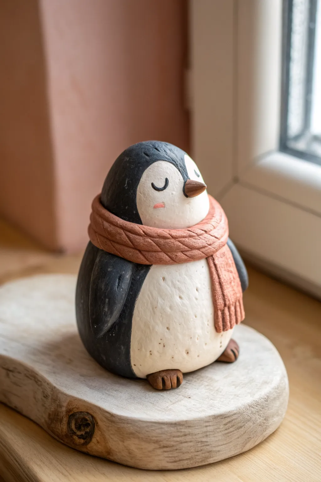 Cozy chunky air clay penguin with a simple scarf, perfect beginner-friendly animal project.
