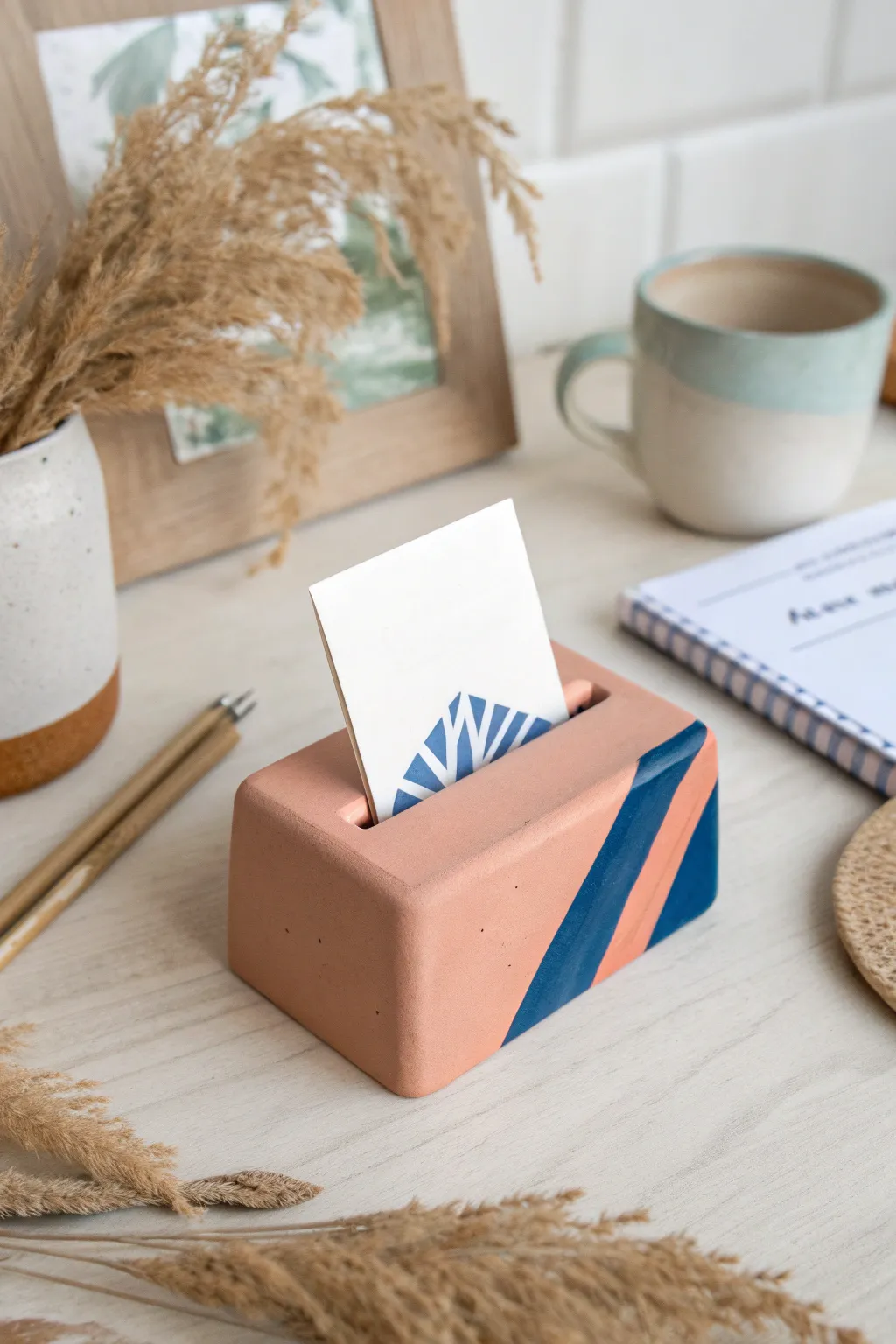 Scandi-minimal air clay card holder with bold color contrast, a simple DIY display for photos
