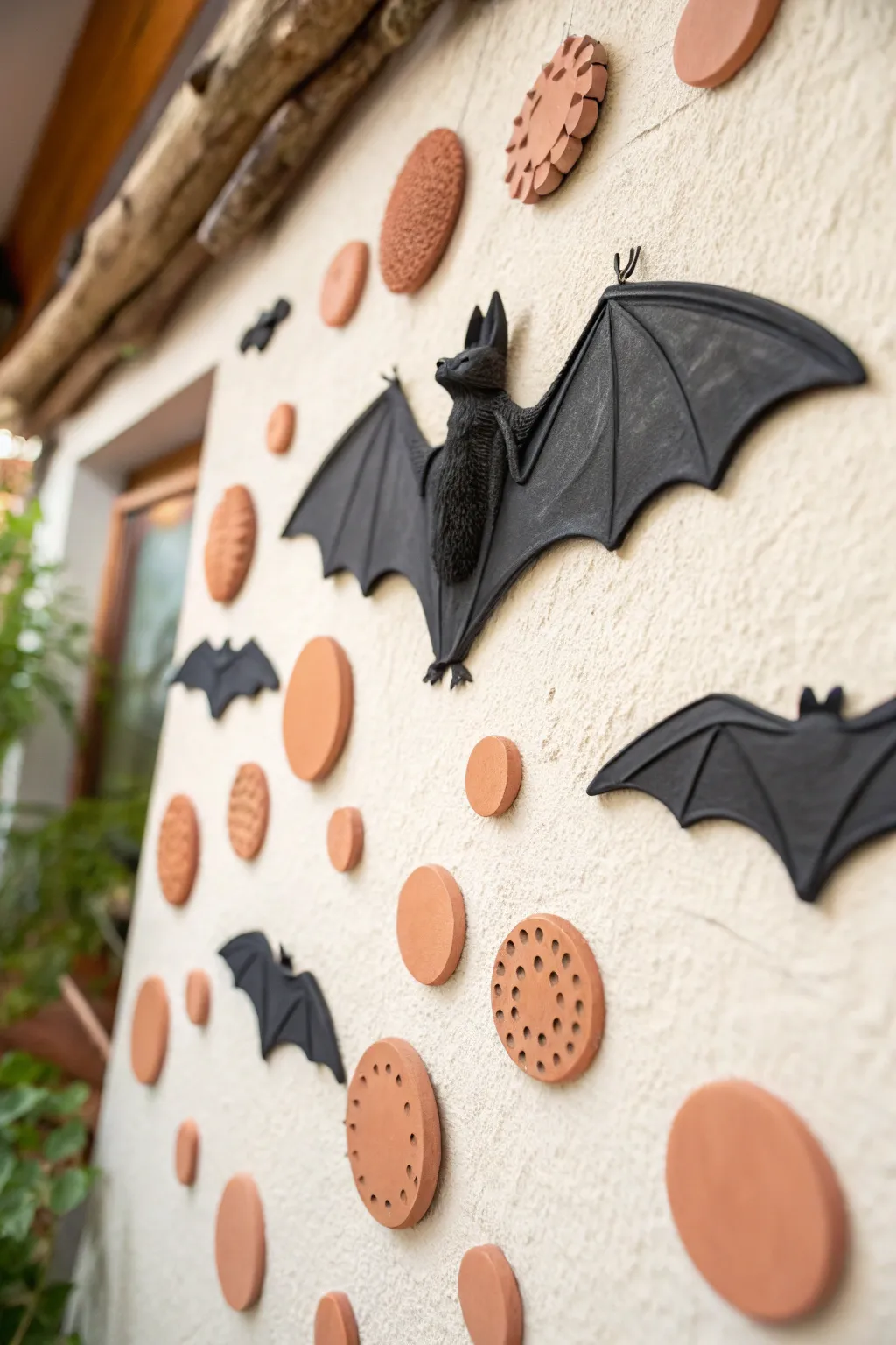 Matte black clay bats and tiny plaques in a clean wall cluster for modern Halloween charm.