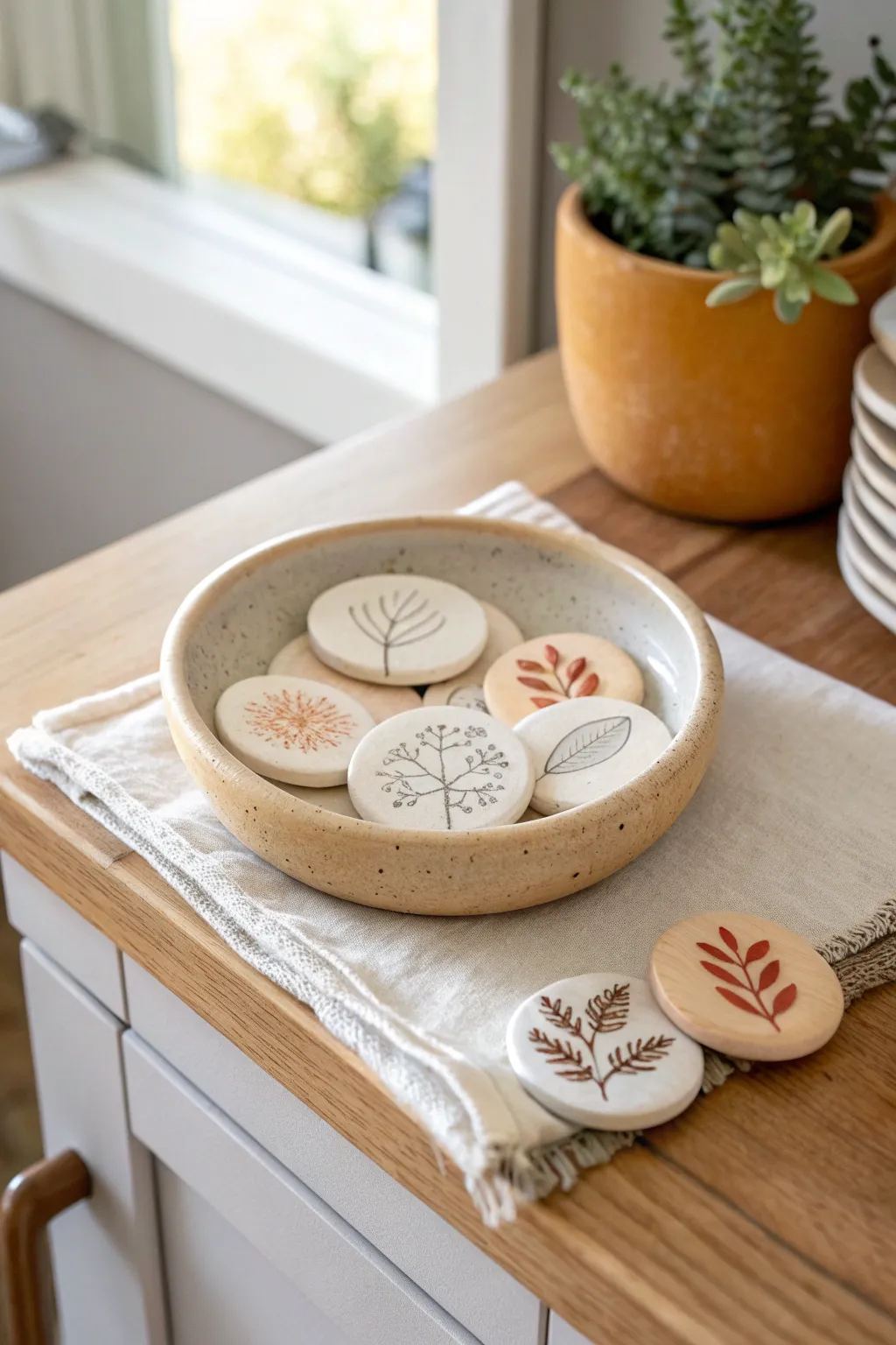 Stamped air-dry clay diffuser discs in a minimalist dish, calm entryway wellness moment.