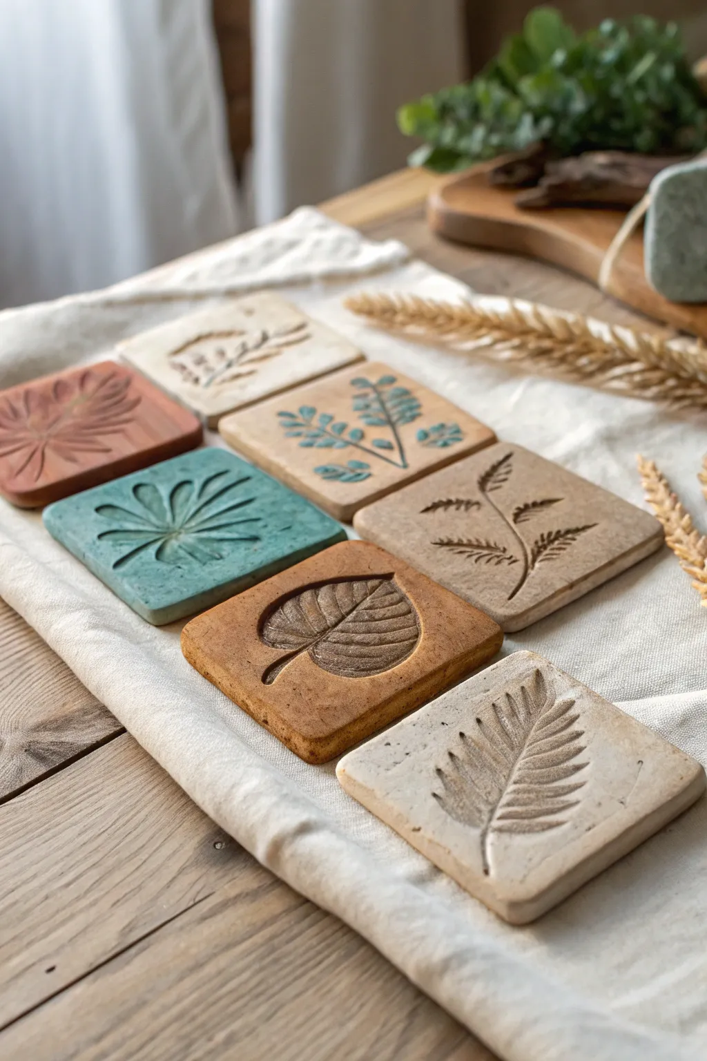 DIY air-dry clay dino fossil tiles in earthy tones, a cute kid craft with minimalist charm.
