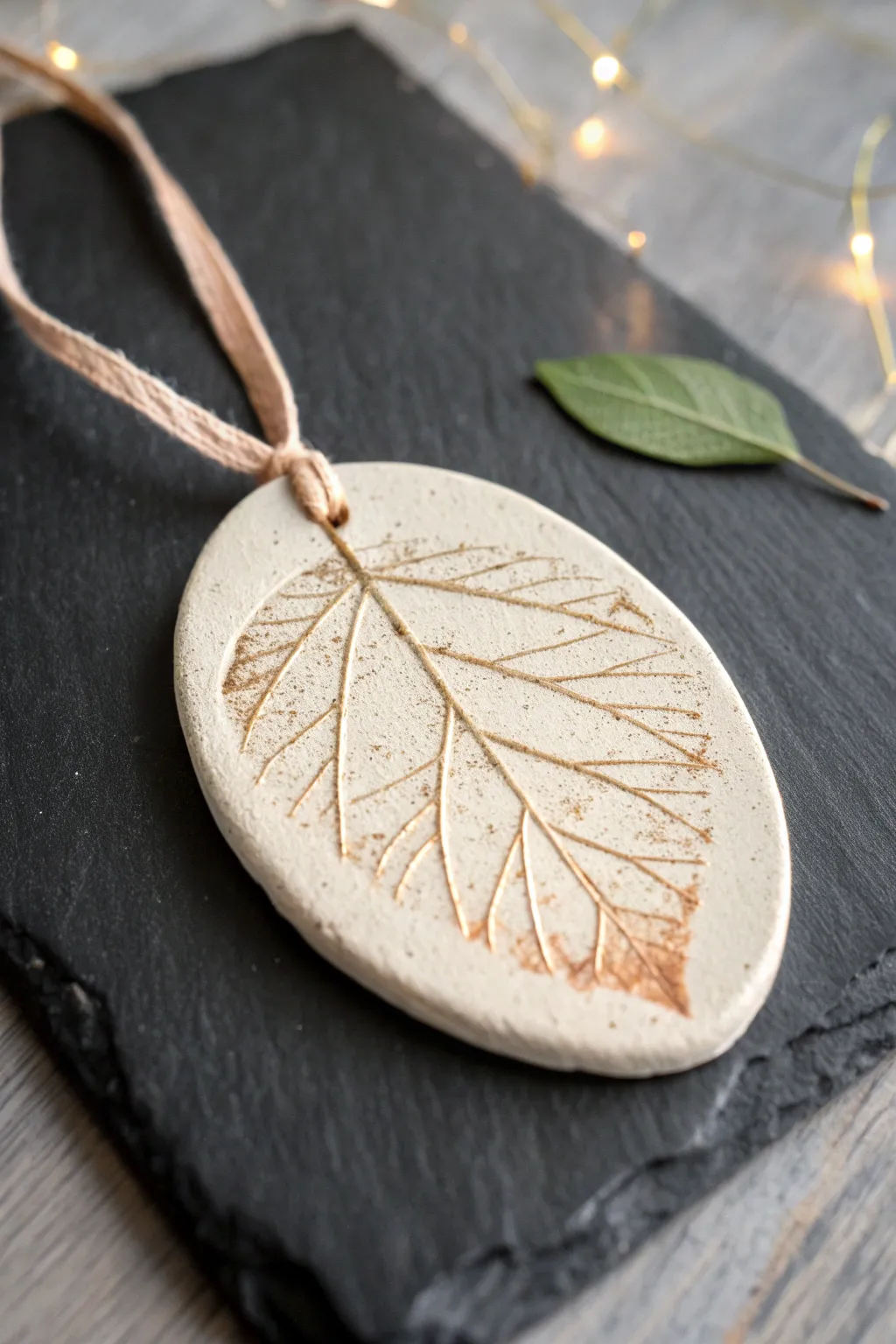 Leaf-imprint air clay ornament with rose-gold highlights, minimalist boho shimmer in close-up.