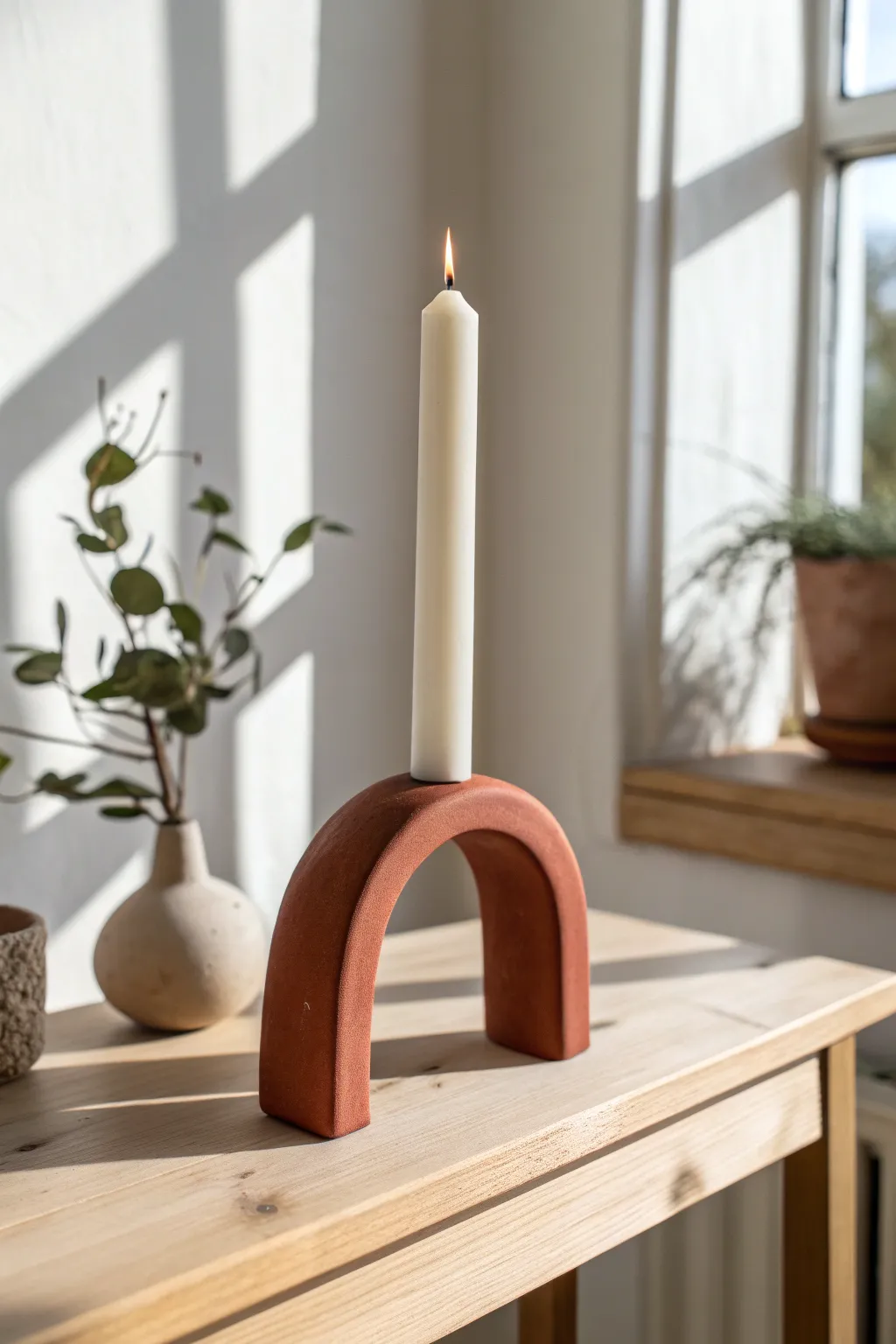 Minimal arched air dry clay taper holder in matte terracotta, Scandinavian boho calm.