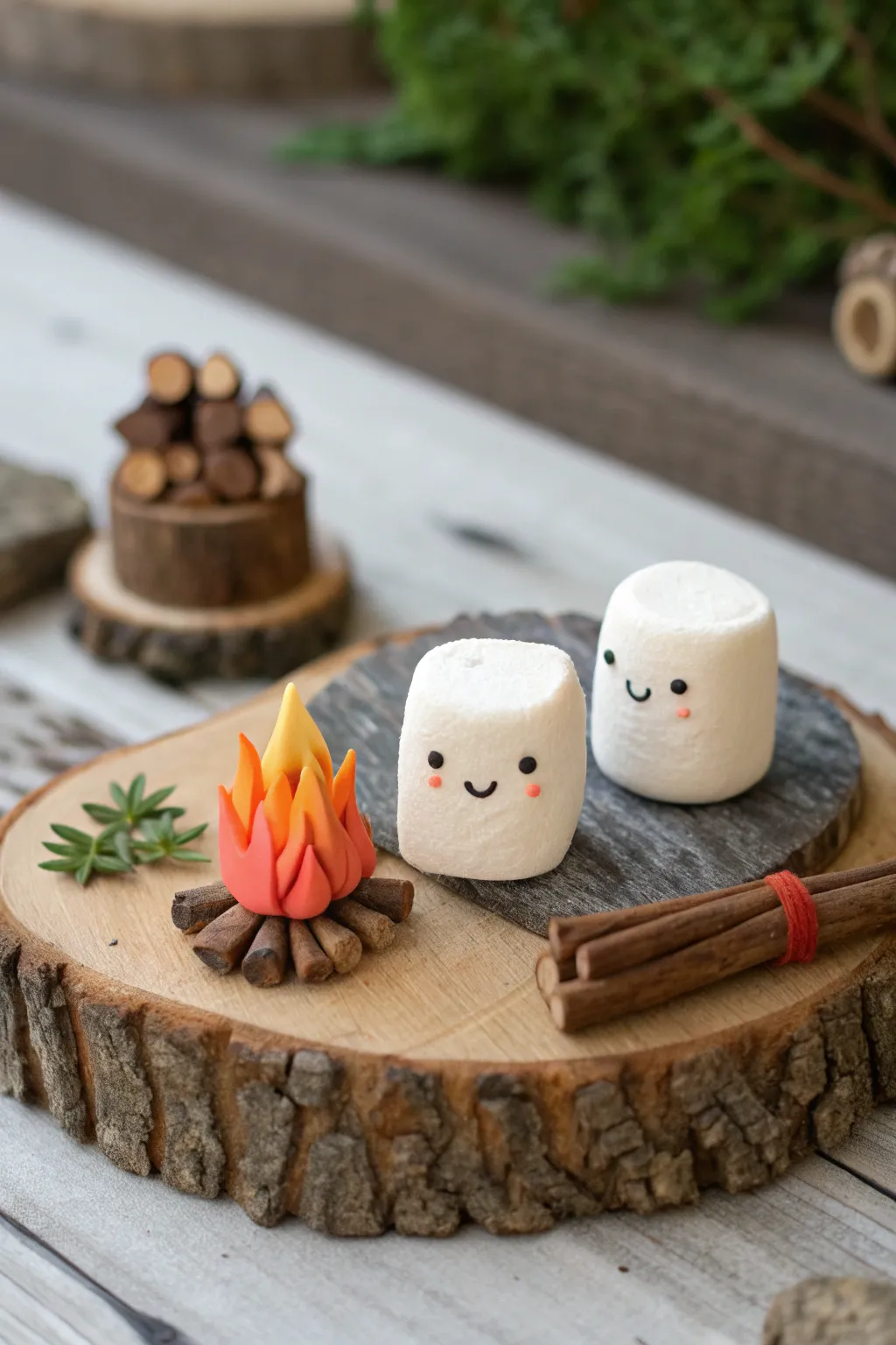 Sweet air-dry clay campfire date diorama with two marshmallow pals, cozy and minimalist.