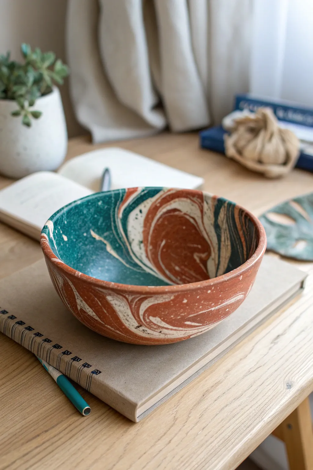 Marbled swirl air-dry clay bowl idea with bold color and calm minimalist styling.
