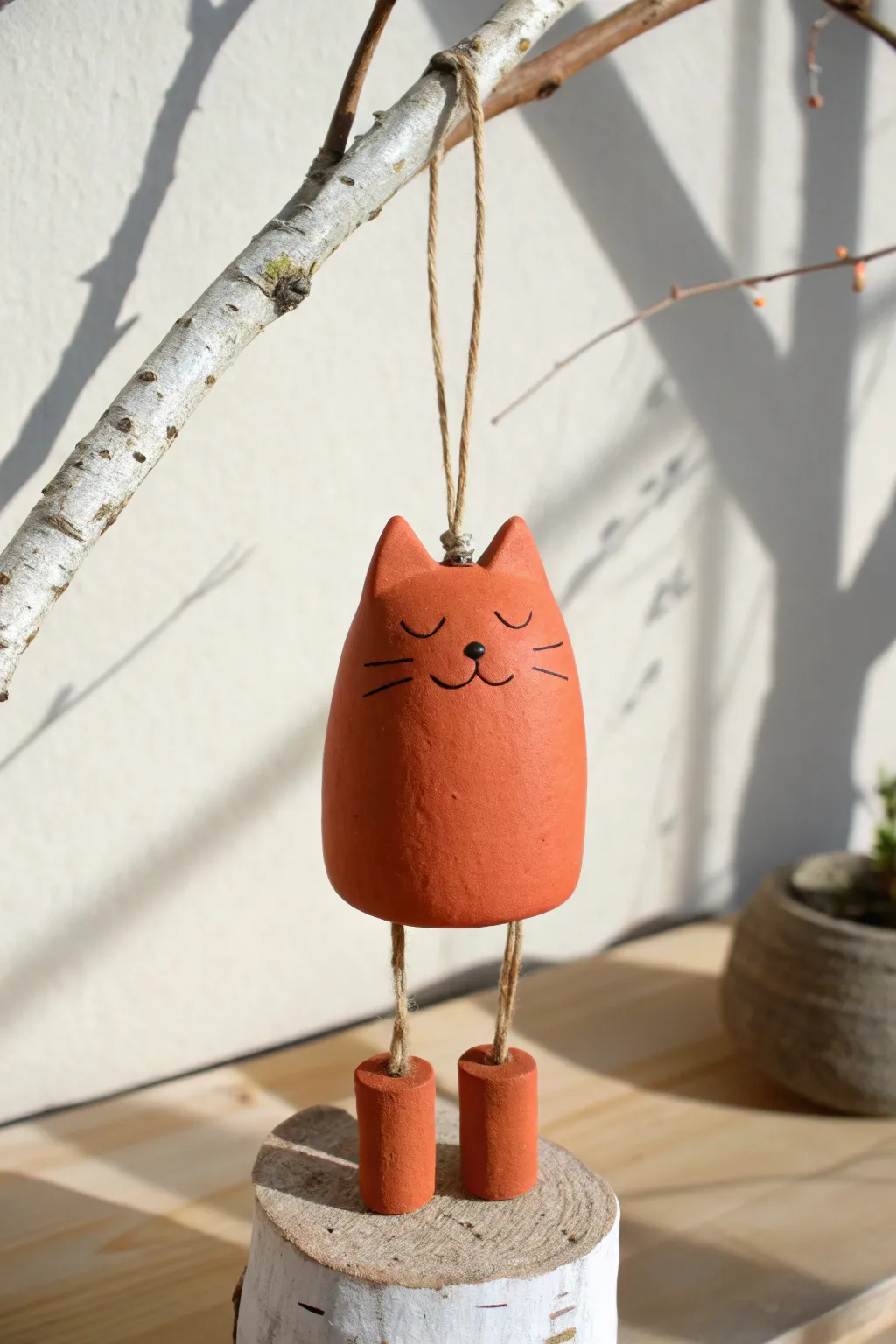 Simple air dry clay cat ornament with dangling legs in bold terracotta, Scandinavian minimal boho.
